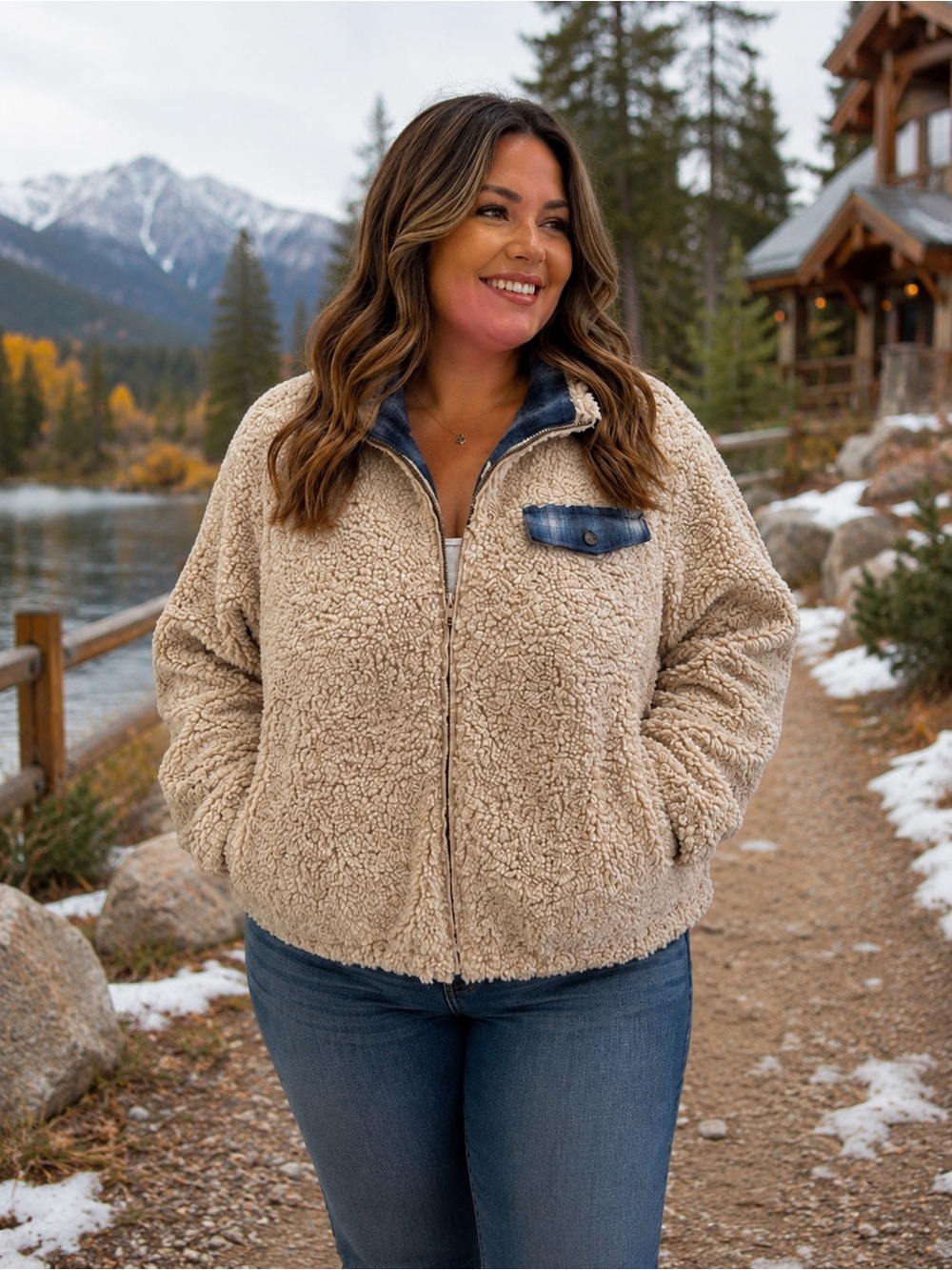 Pendleton Cozy Sherpa Zip-Up Jacket with Denim Trim - Beige